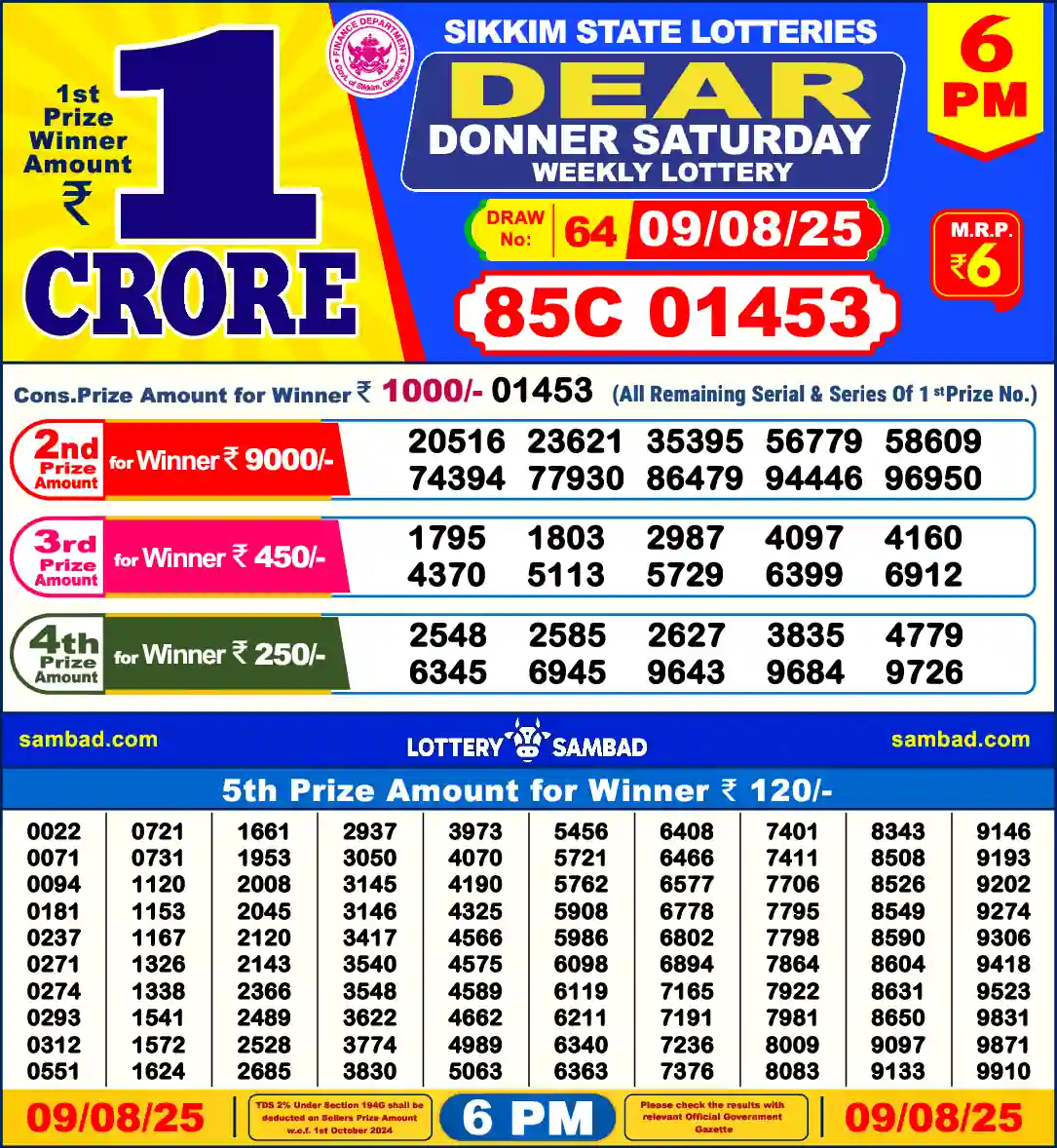 Lottery Sambad 09.08.25 Dear Lottery 6 PM August 09, 2025