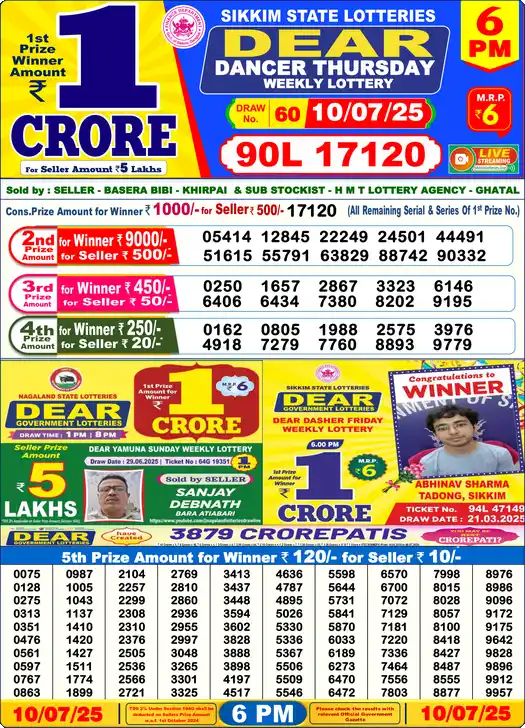 Lottery Sambad 10.07.25 Dear Lottery 6 PM July 10, 2025