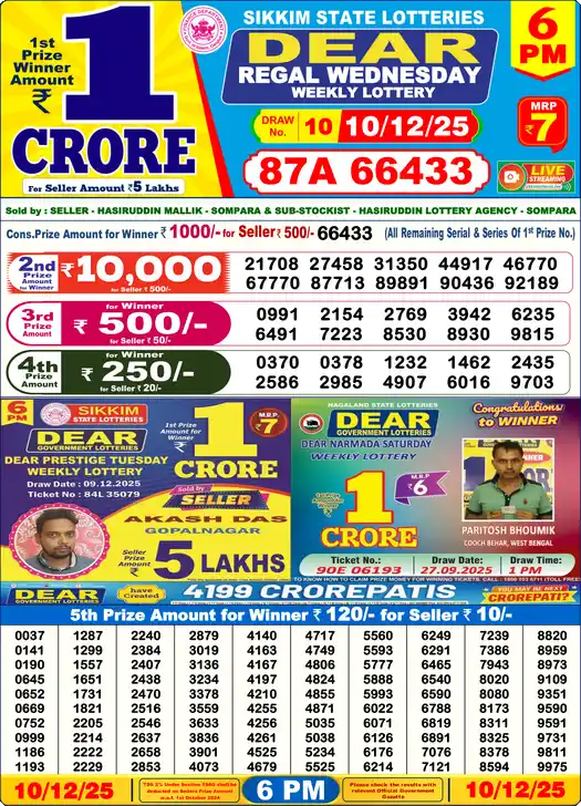Lottery Sambad 10.12.25 Dear Lottery 6 PM December 10, 2025