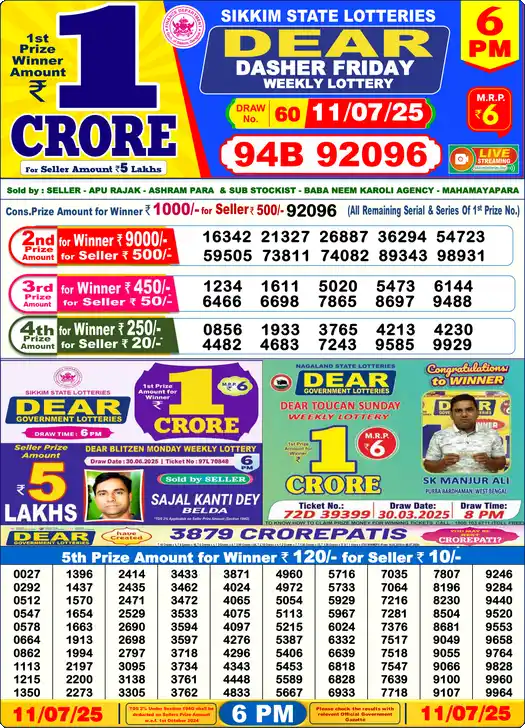 Lottery Sambad 11.07.25 Dear Lottery 6 PM July 11, 2025