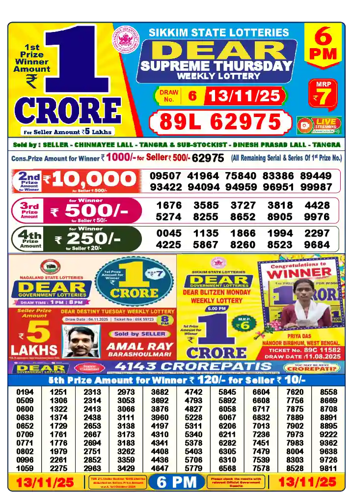 Lottery Sambad 13.11.25 Dear Lottery 6 PM November 13, 2025