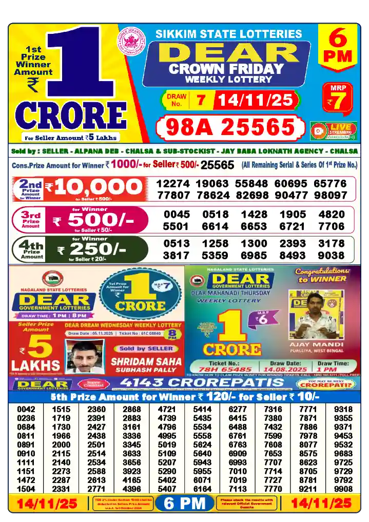 Lottery Sambad 14.11.25 Dear Lottery 6 PM November 14, 2025