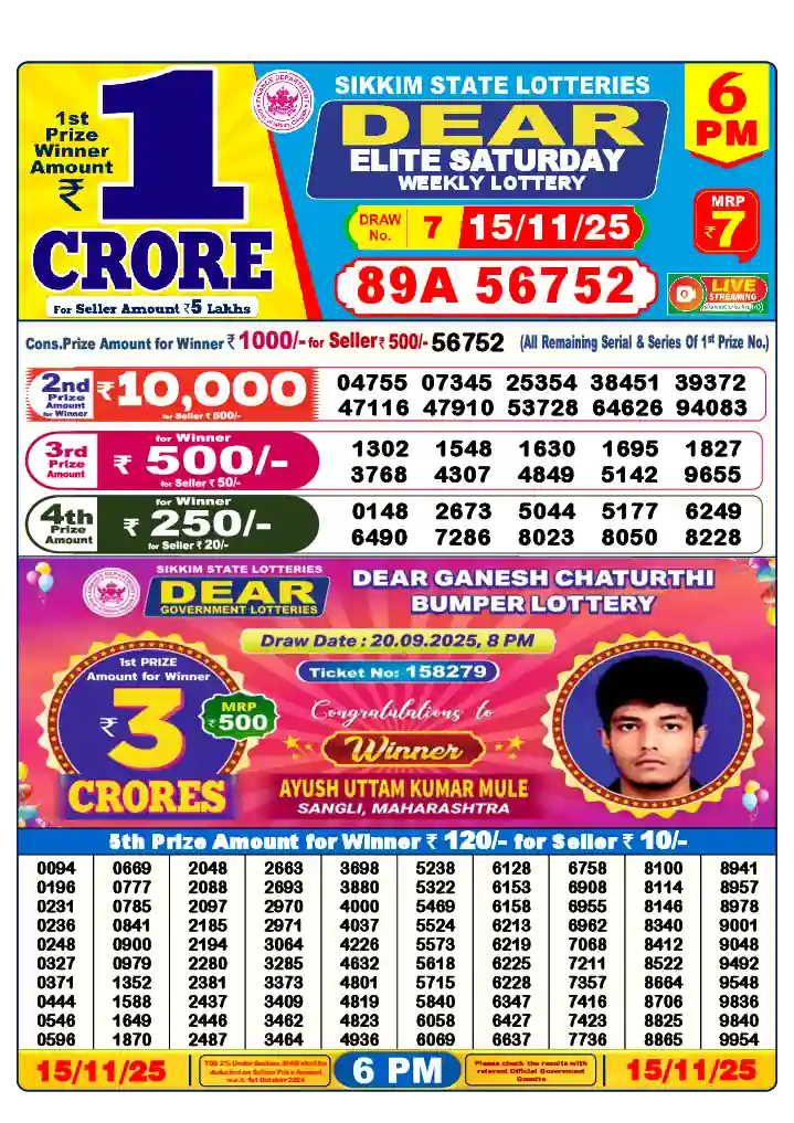 Lottery Sambad 15.11.25 Dear Lottery 6 PM November 15, 2025