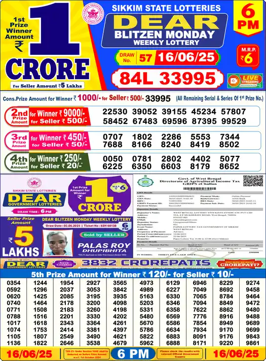 Lottery Sambad 16.06.25 Dear Lottery 6 PM June 16, 2025