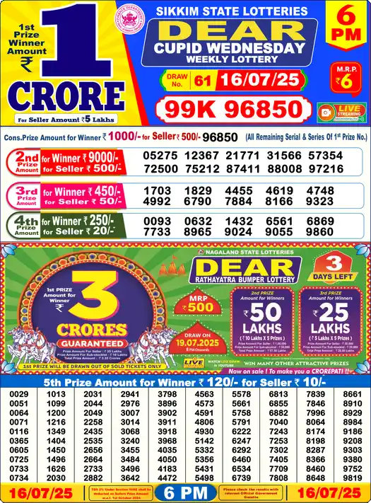 Lottery Sambad 16.07.25 Dear Lottery 6 PM July 16, 2025