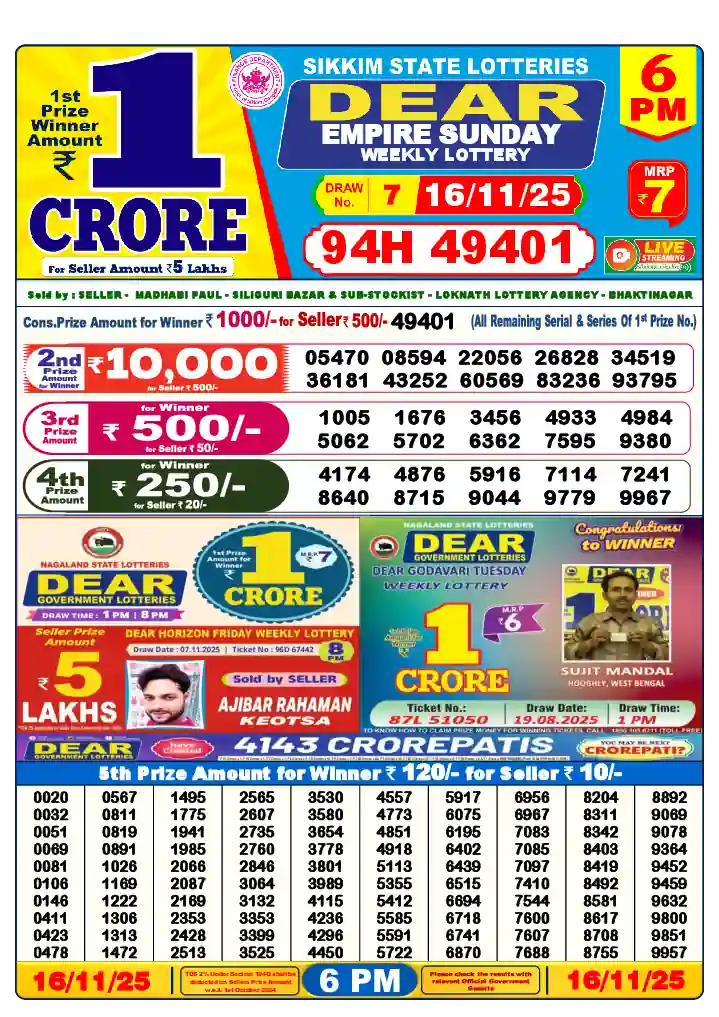 Lottery Sambad 16.11.25 Dear Lottery 6 PM November 16, 2025