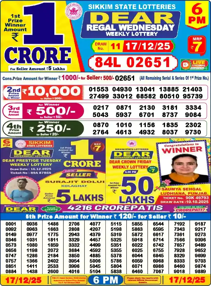 Lottery Sambad 17.12.25 Dear Lottery 6 PM December 17, 2025
