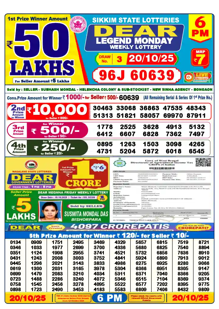 Lottery Sambad 20.10.25 Dear Lottery 6 PM October 20, 2025