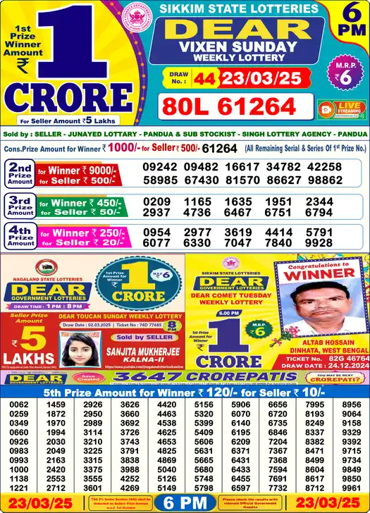 Lottery Sambad 23.03.25 Dear Lottery 6 PM March 23, 2025
