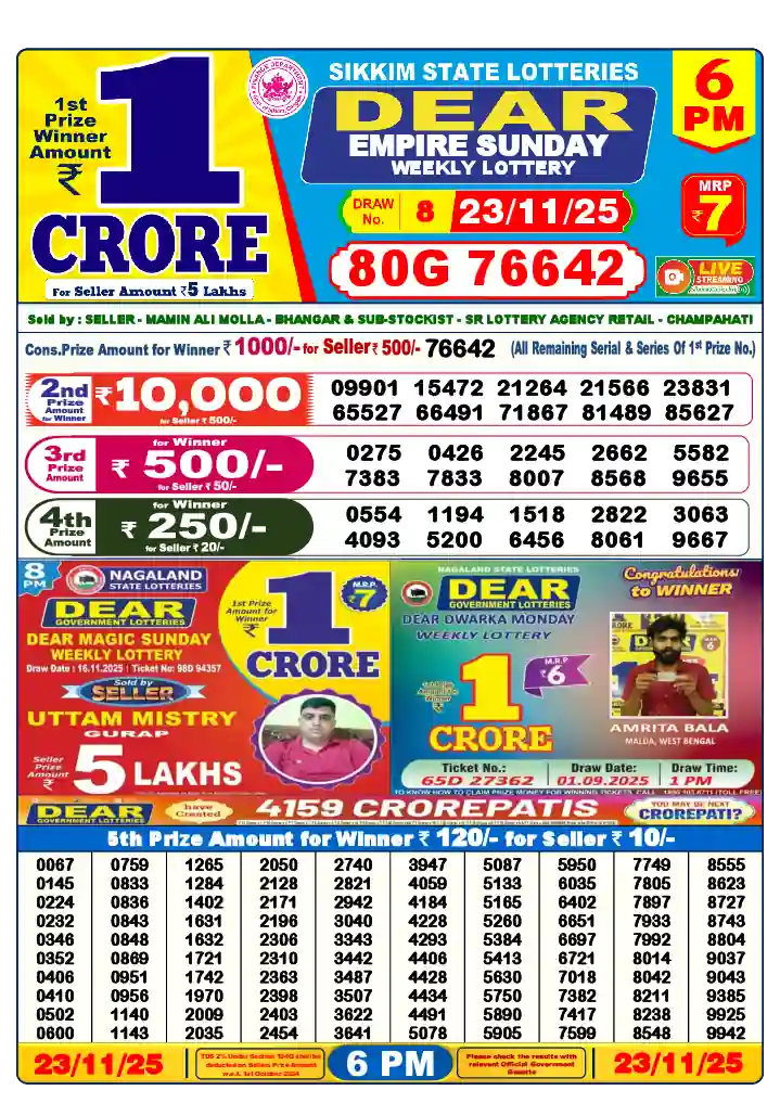Lottery Sambad 23.11.25 Dear Lottery 6 PM November 23, 2025