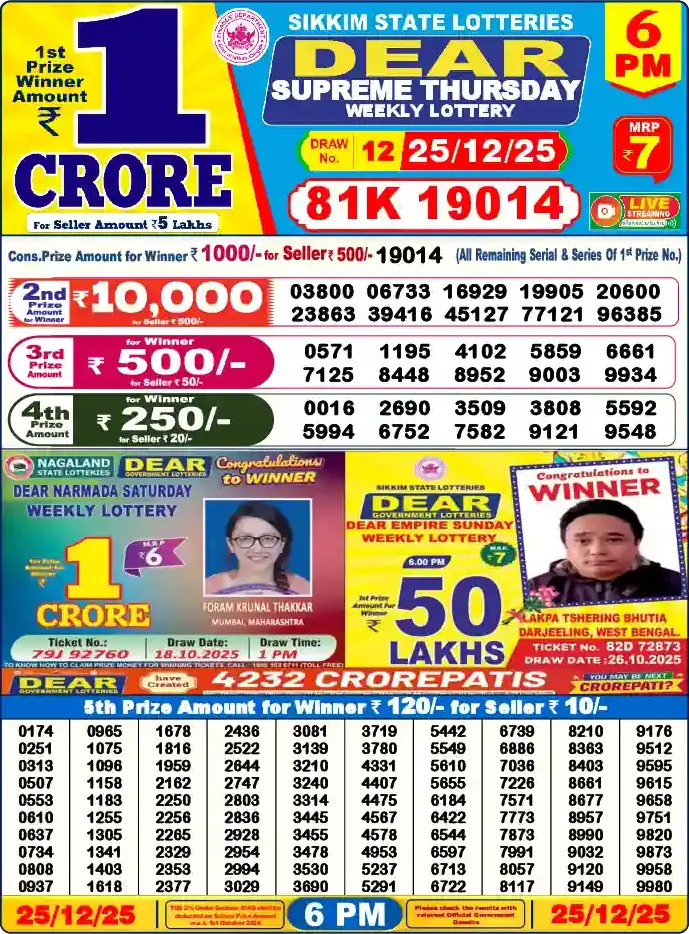 Lottery Sambad 25.12.25 Dear Lottery 6 PM December 25, 2025