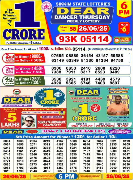 Lottery Sambad 26.06.25 Dear Lottery 6 PM June 26, 2025