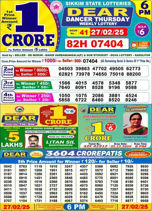 Lottery Sambad 27.02.25 Dear Lottery 6 PM February 27, 2025