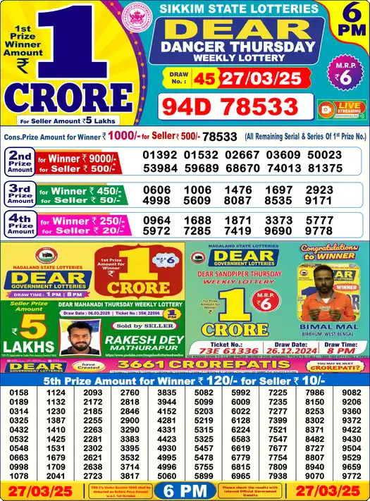 Lottery Sambad 27.03.25 Dear Lottery 6 PM March 27, 2025