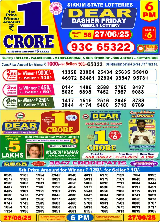 Lottery Sambad 27.06.25 Dear Lottery 6 PM June 27, 2025