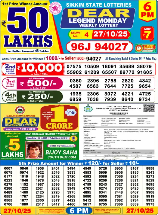 Lottery Sambad 27.10.25 Dear Lottery 6 PM October 27, 2025