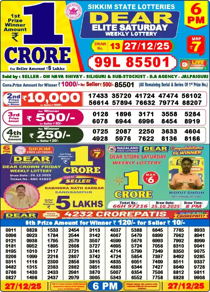 Lottery Sambad 27.12.25 Dear Lottery 6 PM December 27, 2025