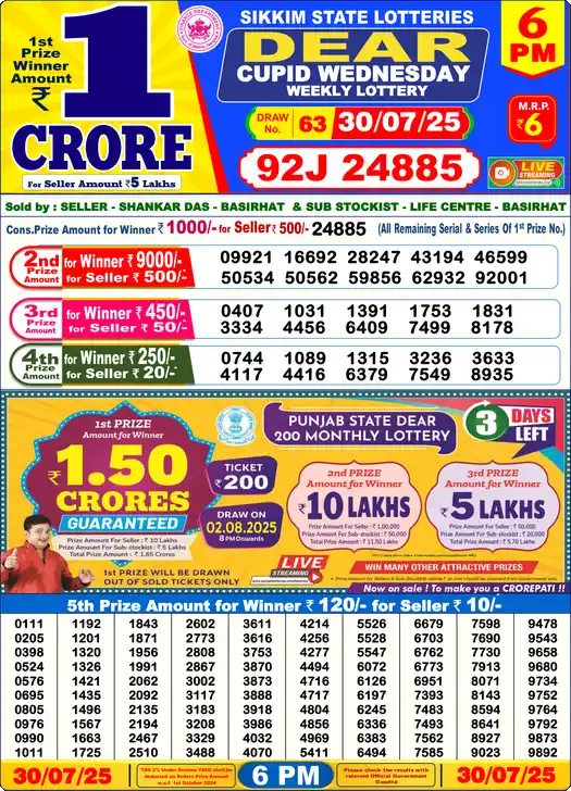Lottery Sambad 30.07.25 Dear Lottery 6 PM July 30, 2025