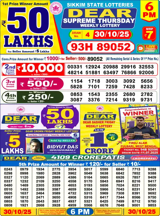 Lottery Sambad 30.10.25 Dear Lottery 6 PM October 30, 2025