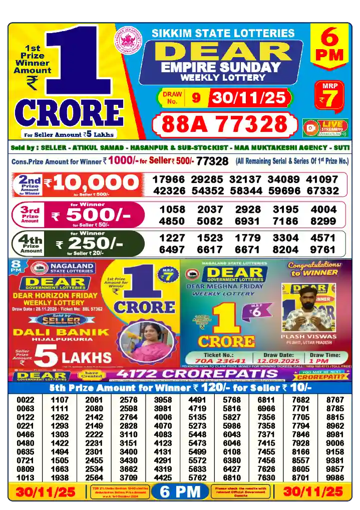 Lottery Sambad 30.11.25 Dear Lottery 6 PM November 30, 2025