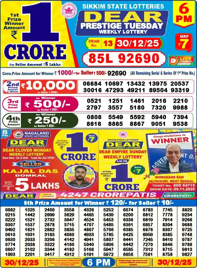 Lottery Sambad 30.12.25 Dear Lottery 6 PM December 30, 2025