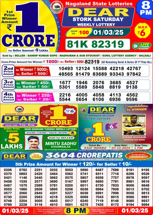 Lottery Sambad 01.03.25 Dear Lottery 8 PM March 01, 2025