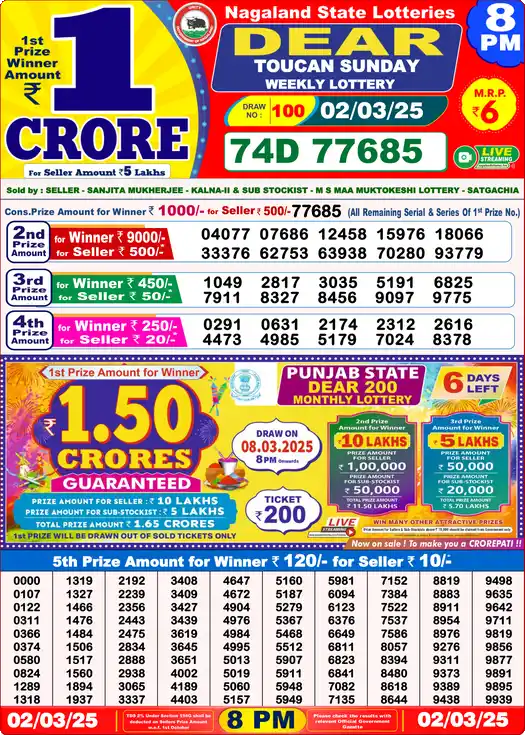 Lottery Sambad 02.03.25 Dear Lottery 8 PM March 02, 2025