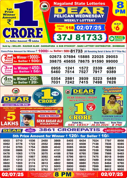 Lottery Sambad 02.07.25 Dear Lottery 8 PM July 02, 2025