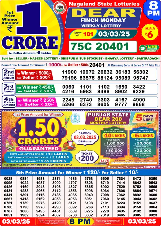 Lottery Sambad 03.03.25 Dear Lottery 8 PM March 03, 2025