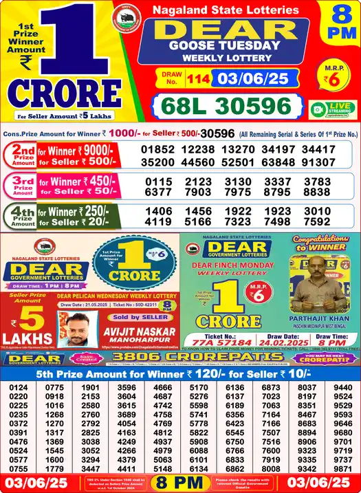 Lottery Sambad 03.06.25 Dear Lottery 8 PM June 03, 2025