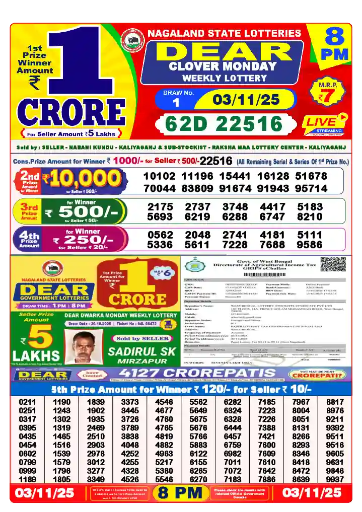 Lottery Sambad 03.11.25 Dear Lottery 8 PM November 03, 2025