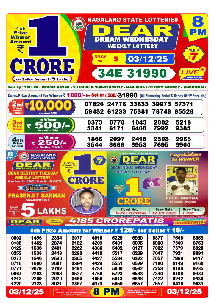 Lottery Sambad 03.12.25 Dear Lottery 8 PM December 03, 2025
