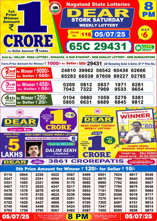 Lottery Sambad 05.07.25 Dear Lottery 8 PM July 05, 2025