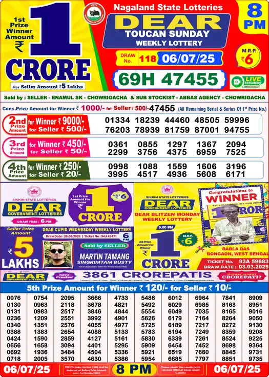 Lottery Sambad 06.07.25 Dear Lottery 8 PM July 06, 2025