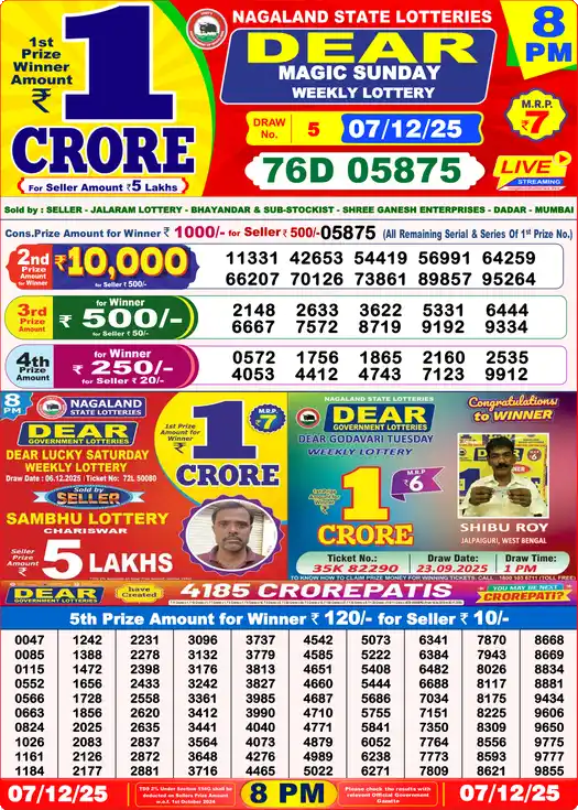 Lottery Sambad 07.12.25 Dear Lottery 8 PM December 07, 2025
