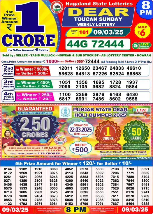 Lottery Sambad 09.03.25 Dear Lottery 8 PM March 09, 2025