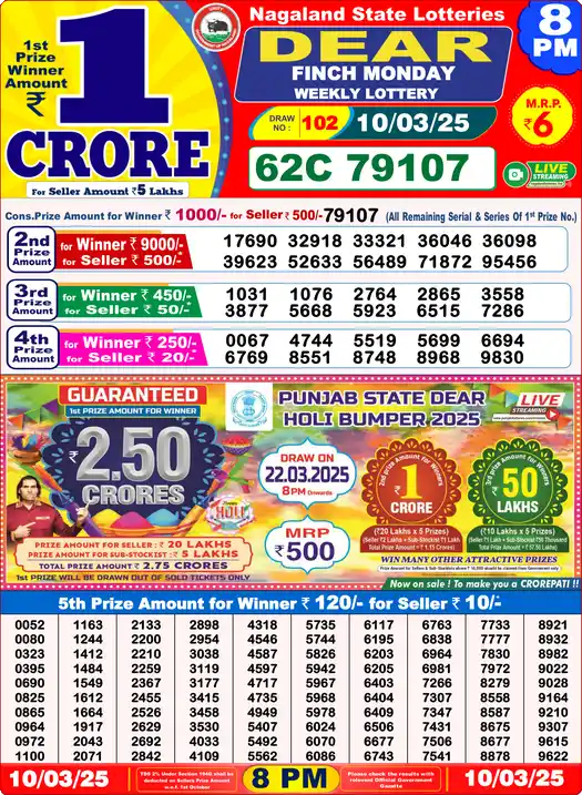 Lottery Sambad 10.03.25 Dear Lottery 8 PM March 10, 2025