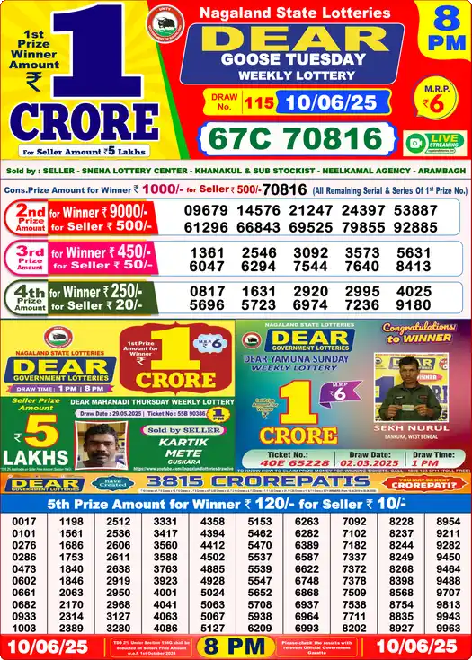 Lottery Sambad 10.06.25 Dear Lottery 8 PM June 10, 2025