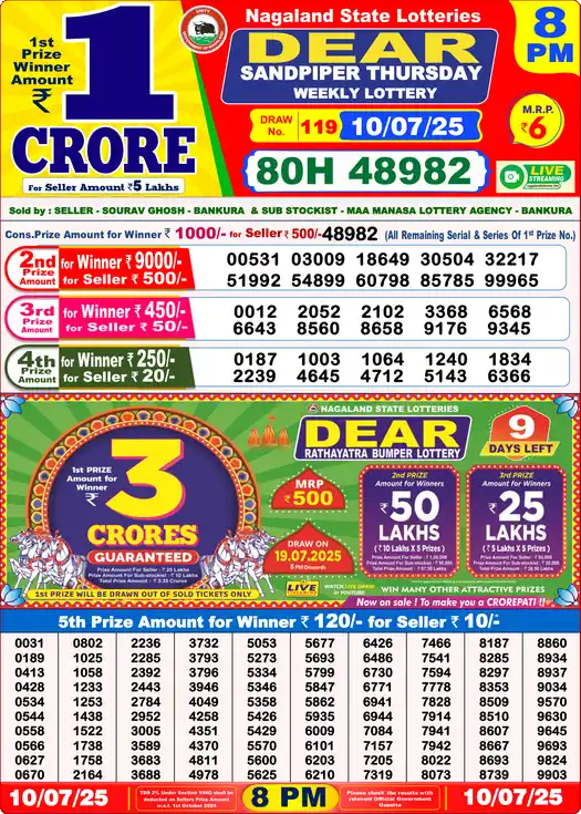 Lottery Sambad 10.07.25 Dear Lottery 8 PM July 10, 2025
