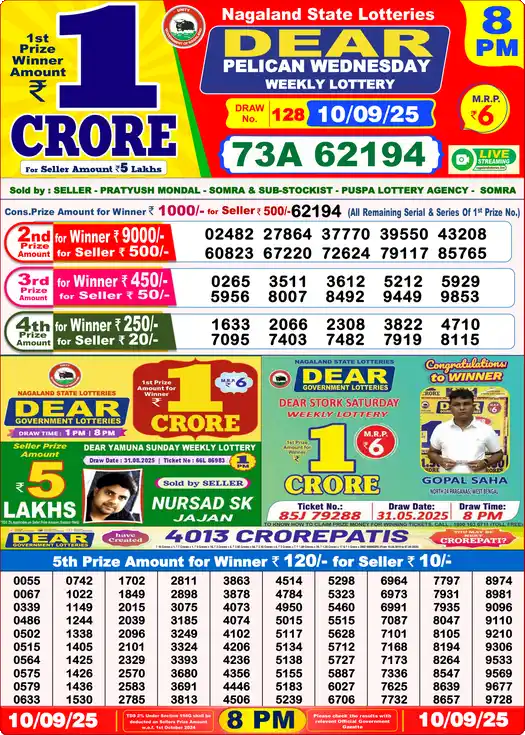 Lottery Sambad 10.09.25 Dear Lottery 8 PM September 10, 2025