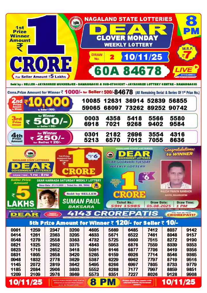 Lottery Sambad 10.11.25 Dear Lottery 8 PM November 10, 2025