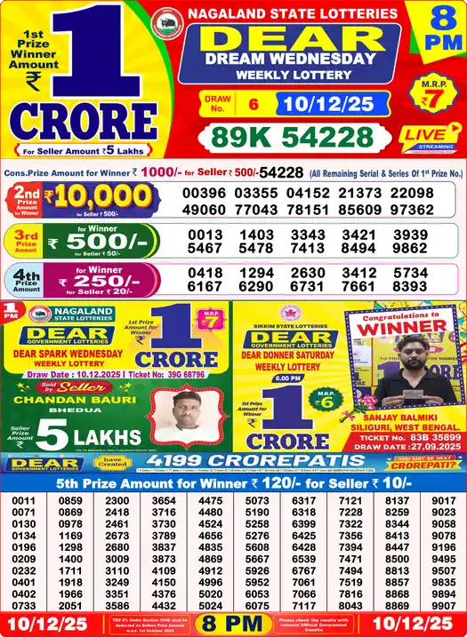 Lottery Sambad 10.12.25 Dear Lottery 8 PM December 10, 2025