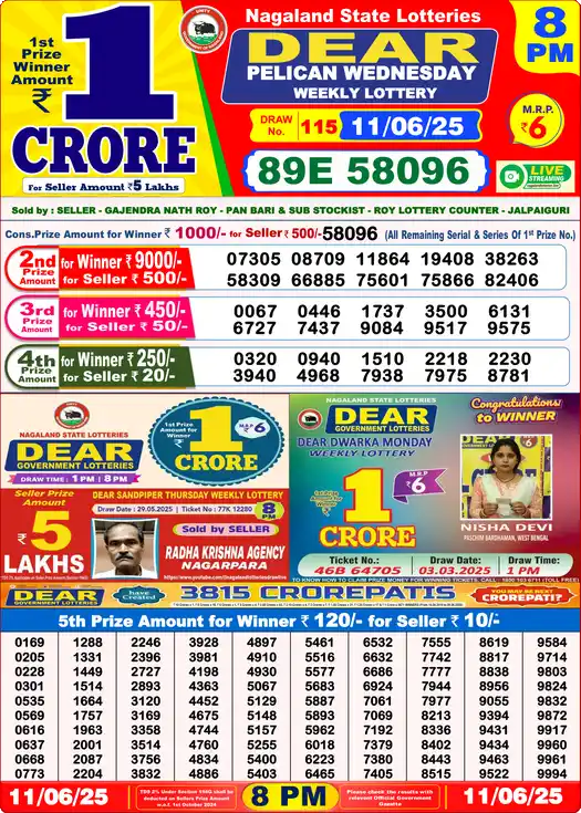 Lottery Sambad 11.06.25 Dear Lottery 8 PM June 11, 2025