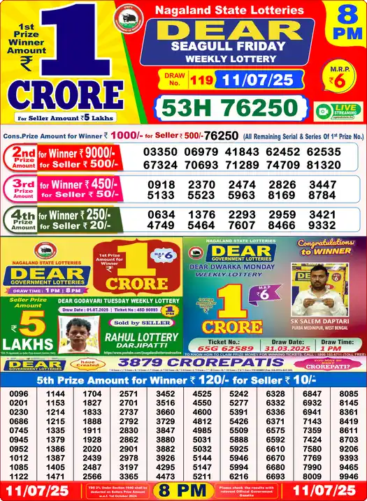 Lottery Sambad 11.07.25 Dear Lottery 8 PM July 11, 2025