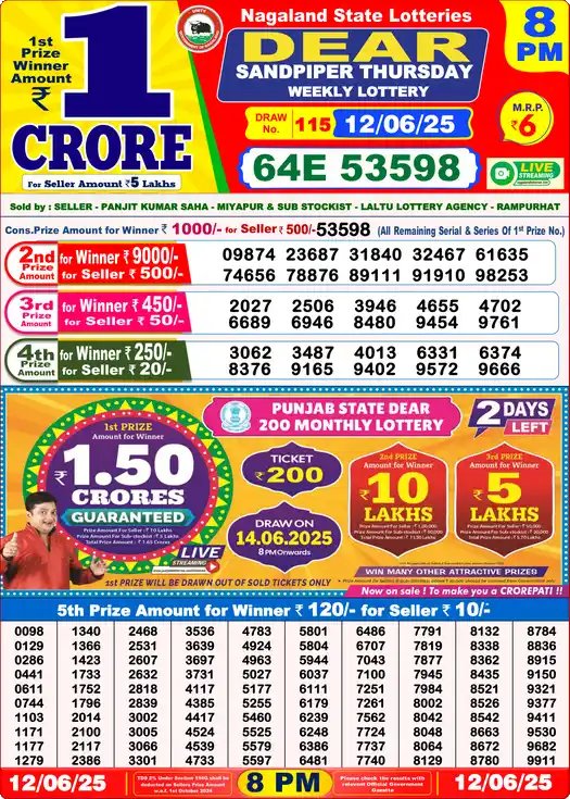 Lottery Sambad 12.06.25 Dear Lottery 8 PM June 12, 2025