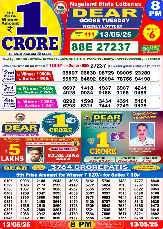 Lottery Sambad 13.05.25 Dear Lottery 8 PM May 13, 2025