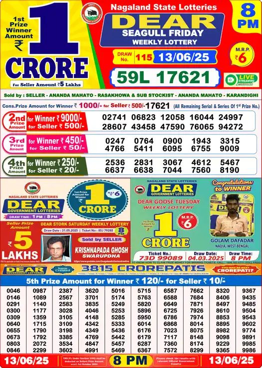 Lottery Sambad 13.06.25 Dear Lottery 8 PM June 13, 2025