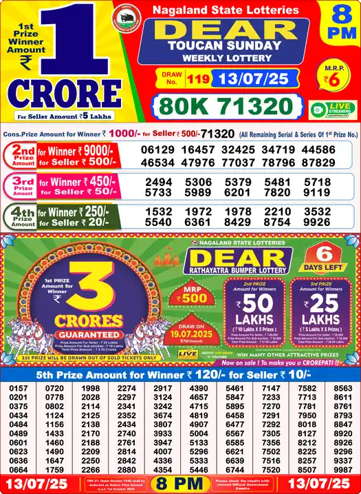 Lottery Sambad 13.07.25 Dear Lottery 8 PM July 13, 2025