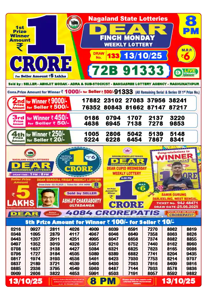 Lottery Sambad 13.10.25 Dear Lottery 8 PM October 13, 2025