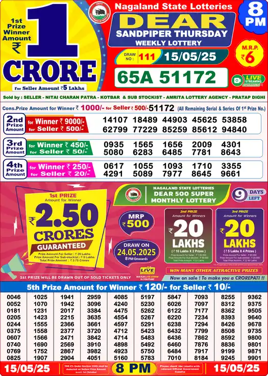 Lottery Sambad 15.05.25 Dear Lottery 8 PM May 15, 2025